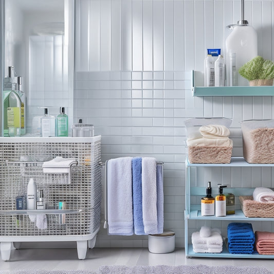 A cluttered bathroom with toiletries scattered on countertops, a jumbled mess of towels and linens on the floor, and a crowded shower caddy, contrasted with a sleek, organized storage unit in the background.