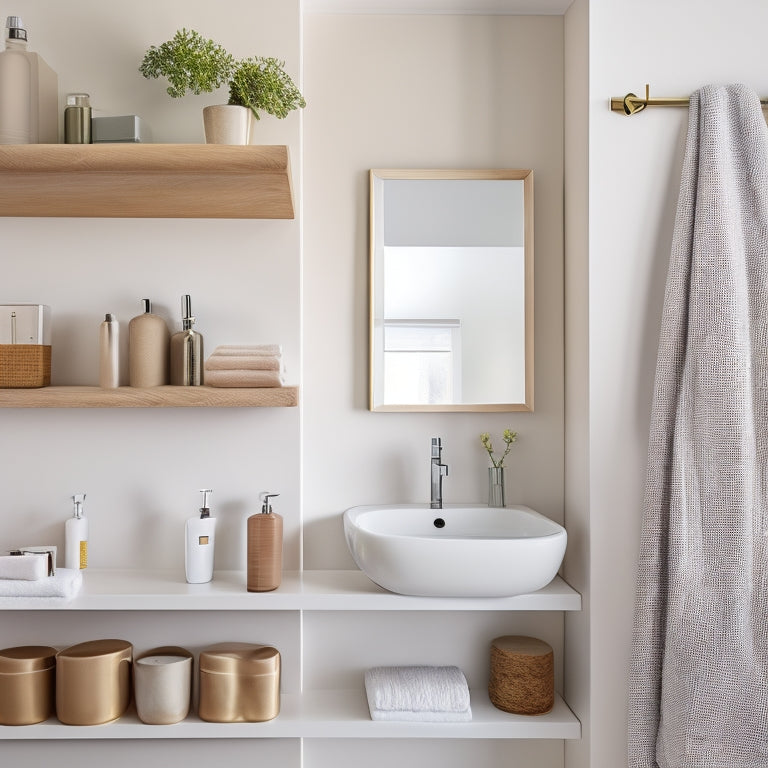A sleek, minimalist bathroom with floating shelves, a narrow ladder shelf, wall-mounted organizers, and under-sink baskets, all showcasing neatly arranged toiletries and towels, in a soft, soothing color palette with natural light streaming in.