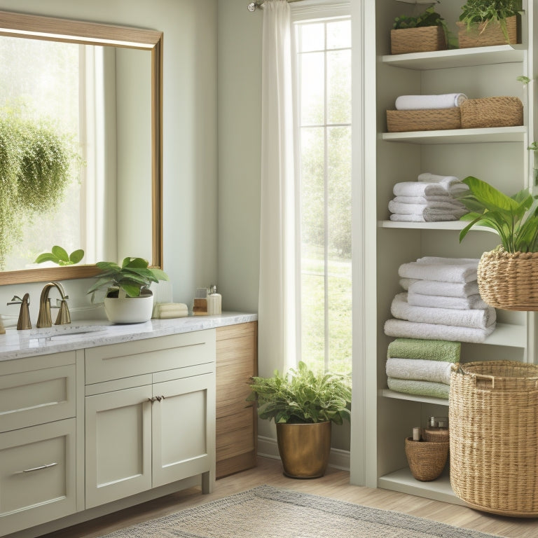 A serene, modern bathroom featuring open shelf cabinets with rolled towels, woven baskets, and decorative glass jars, surrounded by soft, natural light and lush greenery.