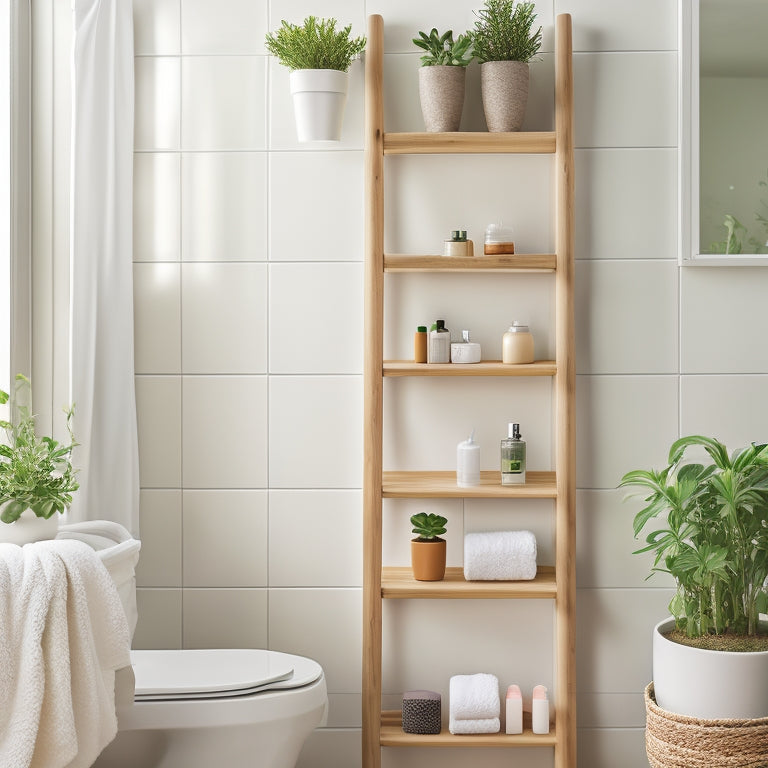 A minimalist bathroom scene featuring a sleek, space-efficient ladder shelf adorned with neatly organized toiletries, potted succulents, and soft towels, all set against a serene, light-colored wall and natural wood accents.
