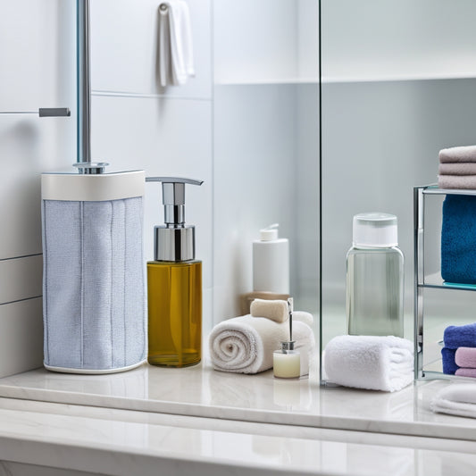 A sleek, modern bathroom scene featuring clear waterproof storage bins filled with colorful toiletries, plush towels neatly folded, and a stylish shower caddy, all set against a serene, light-colored tile backdrop.