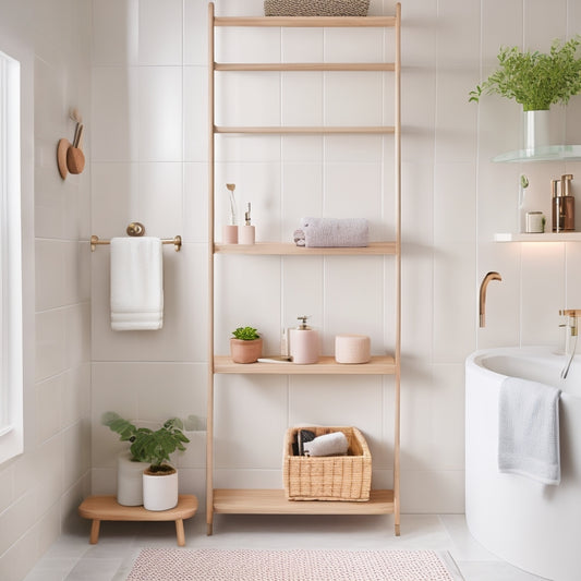 A sleek, minimalist bathroom showcasing elegant floating shelves, a stylish ladder for towels, and chic baskets, all set against a backdrop of soothing pastel tiles and natural wood accents, exuding modern sophistication.