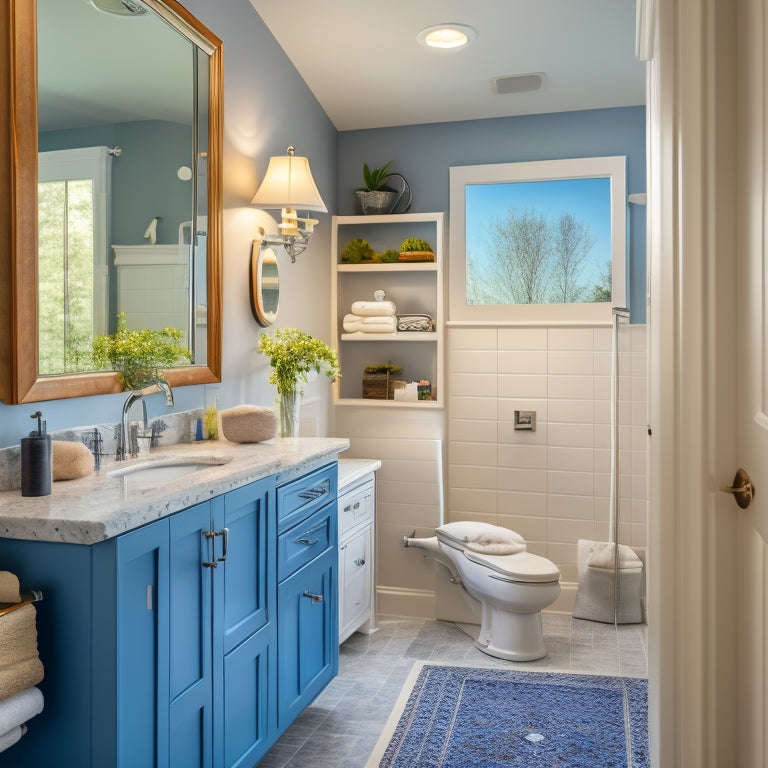 A serene, well-lit bathroom with a walk-in shower, grab bars, and a shower seat; a vanity with a magnifying mirror, a toothbrush holder, and a medication organizer on the countertop.