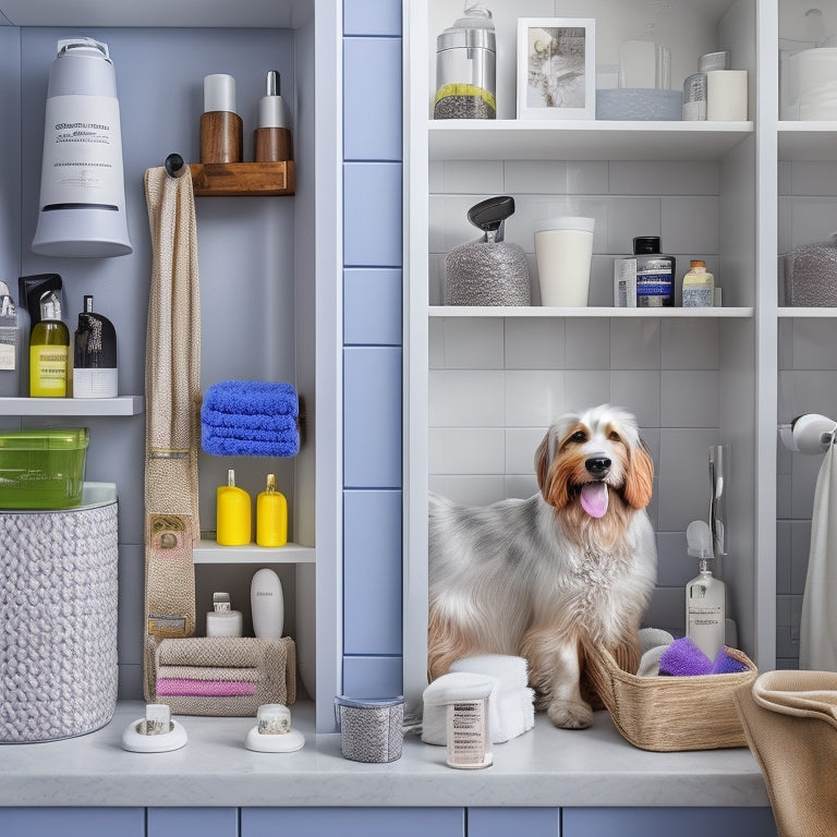 A tidy, modern bathroom cabinet with pet grooming tools and accessories neatly organized on shelves, baskets, and hooks, surrounded by a few adorable, well-groomed dogs and cats peeking out.