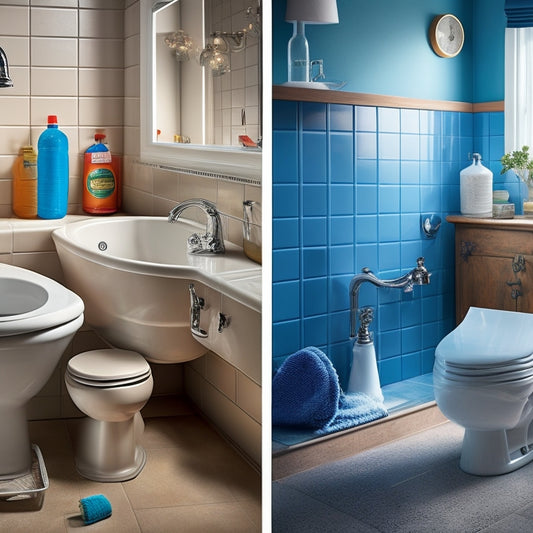 A split-screen image: a sink with water overflowing onto the counter, surrounded by scattered soap and towels, and a toilet with its lid up, revealing a clogged interior and a plunger lying nearby.