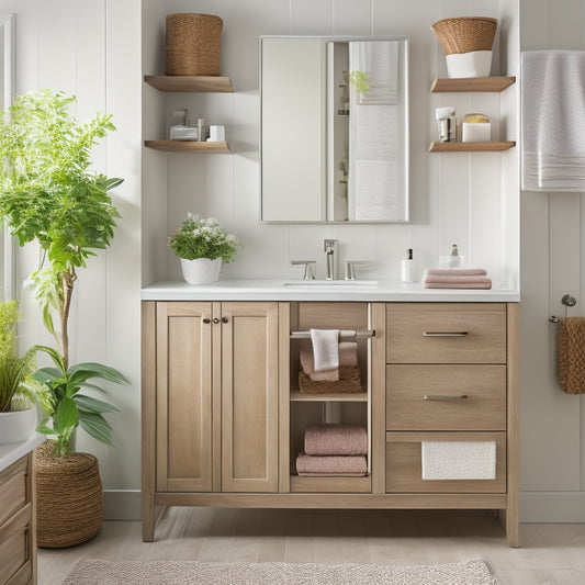 A stylish, modern bathroom with a wall-mounted cabinet featuring adjustable shelves, baskets, and a pull-out drawer, surrounded by a clutter-free countertop and a serene, natural background.