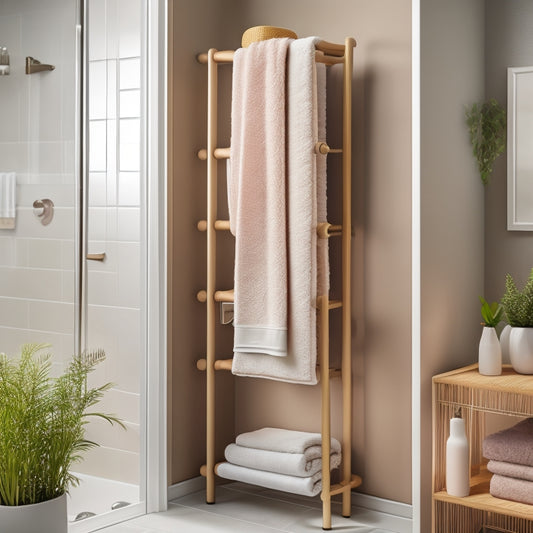 A narrow bathroom scene featuring sleek vertical towel storage. Soft, neatly folded towels in muted colors stacked on a modern, minimalist rack. A small potted plant beside the rack, with subtle lighting enhancing the serene atmosphere.