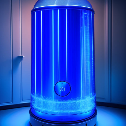 A futuristic, sleek water heater with a large, circular touchscreen display, surrounded by glowing blue pipes and wires, set against a dark, gradient blue background with subtle, swirling water patterns.