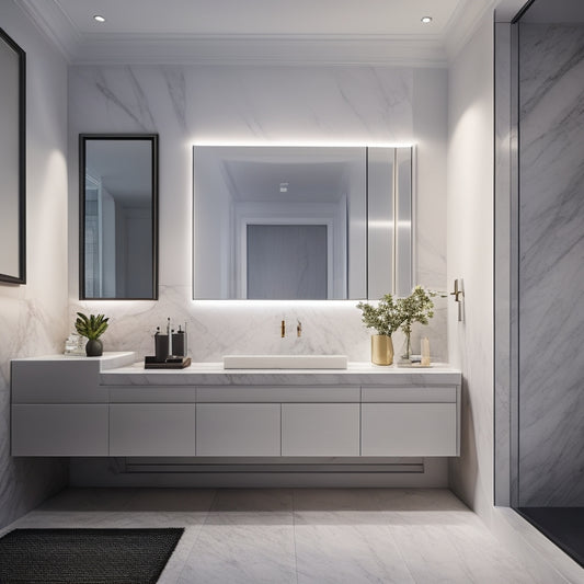 A sleek, modern bathroom with a freestanding tub, surrounded by marble walls and floors, featuring a floating vanity with LED-lit shelves, and a large, frameless mirror above a minimalist sink.