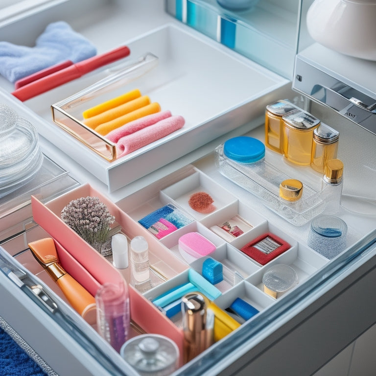 A beautifully organized bathroom drawer with clear acrylic inserts, neatly arranged toiletries, colorful makeup, and grooming tools, showcasing a serene, clutter-free aesthetic against a soft, calming background.