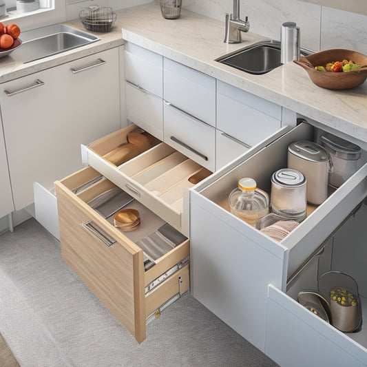 A modern kitchen with minimalist under-sink storage featuring pull-out drawers, organized bins, and sleek containers. Soft lighting highlights the glossy cabinetry and clean lines, creating an inviting, clutter-free space.