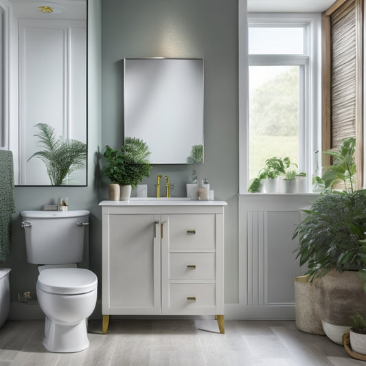 A serene, well-lit bathroom with a wall-mounted cabinet, a recessed medicine cabinet, and a pedestal sink with a sleek, minimalist vanity, featuring a freestanding tub surrounded by a few, carefully placed potted plants.