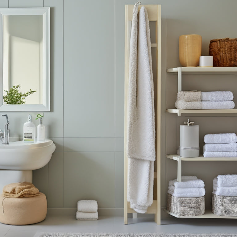 A serene bathroom with 10 different wall corner shelves, each showcasing a unique design, material, and style, holding towels, toiletries, and decorative items, against a calming white and gray background.