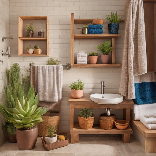 A cozy small bathroom featuring unique open shelving made of reclaimed wood, adorned with vibrant succulents, neatly arranged colorful towels, and chic bathroom essentials, all against a backdrop of soft, neutral-toned tiles.