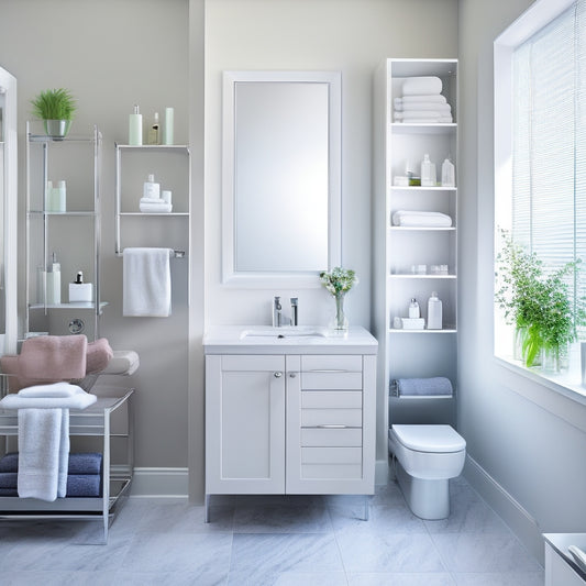 Generate an image of a modern bathroom with polished chrome fixtures, a wall-mounted cabinet, and a recessed shelf, showcasing a sleek, organized space with neatly arranged toiletries and towels.