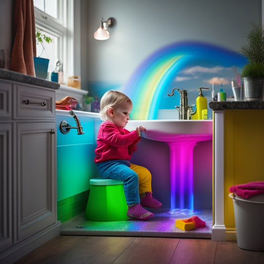 A colorful, whimsical bathroom scene featuring a toddler sitting on a step stool in front of a sink with a built-in, LED-lit, rainbow-colored waterfall faucet.