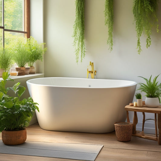 A serene, minimalist bathroom with a freestanding tub, surrounded by lush greenery and vibrant flowers spilling from a reclaimed wood planter, set against a soft, creamy white backdrop.