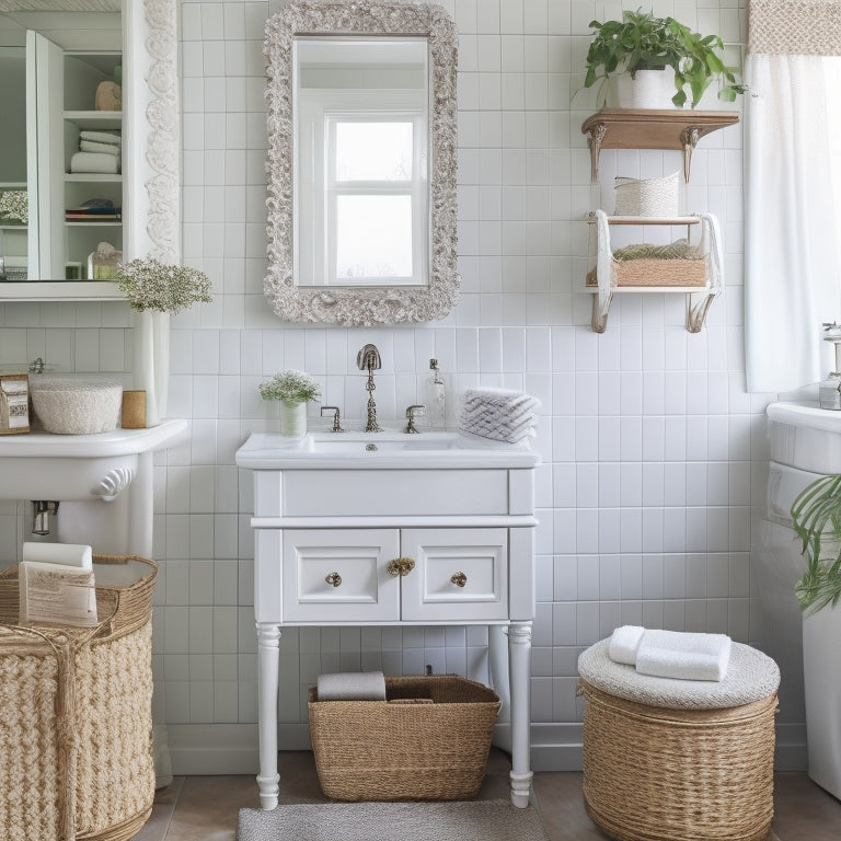 A clutter-free, white vintage-style bathroom with a pedestal sink, ornate mirror, and compact storage solutions like woven baskets, tiered shelves, and a retro-inspired medicine cabinet.
