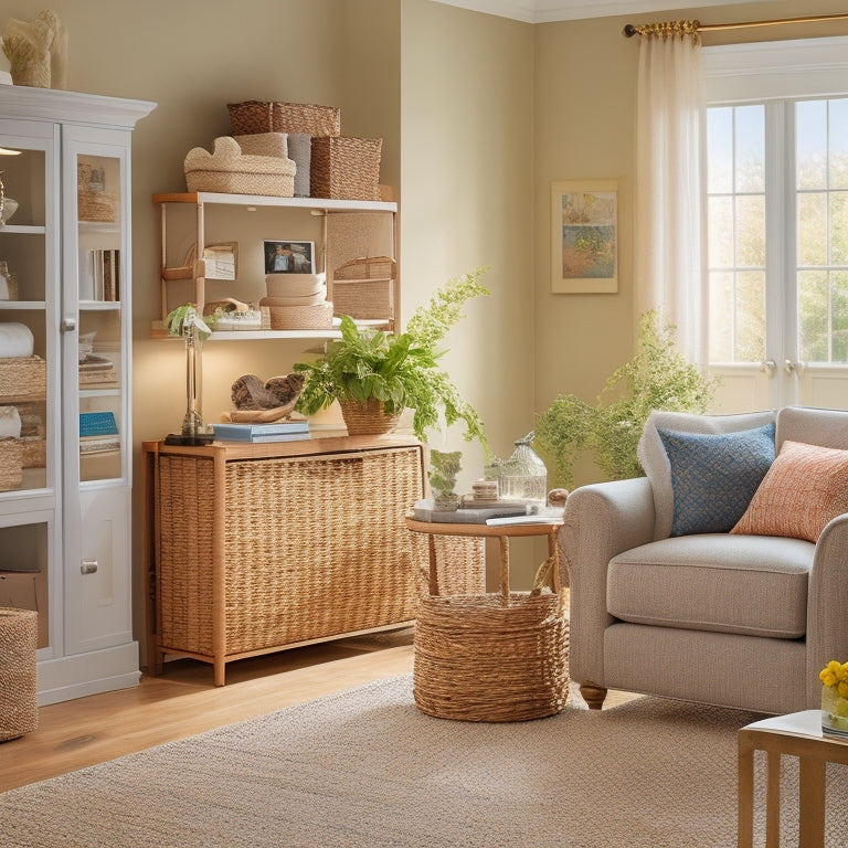 A serene, well-lit, and organized senior-friendly living room with a few carefully placed storage solutions, including labeled baskets, a walker with built-in storage, and a simple, senior-accessible bookshelf.