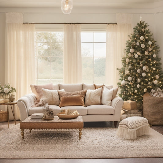 A serene holiday living room scene featuring a plush sectional sofa adorned with delicate, ivory-hued bows and surrounded by bohemian decor, including a macrame wall hanging and a vintage Moroccan rug.