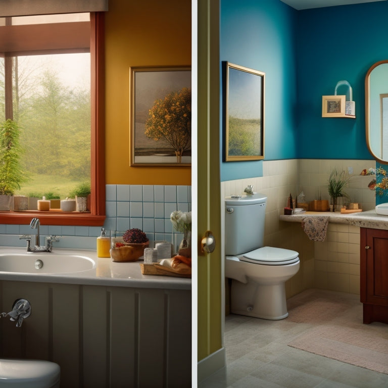 A split-screen image featuring a cluttered, outdated bathroom on the left and a sleek, modern bathroom on the right, with 10 numbered steps illustrated in a curved line connecting the two scenes.