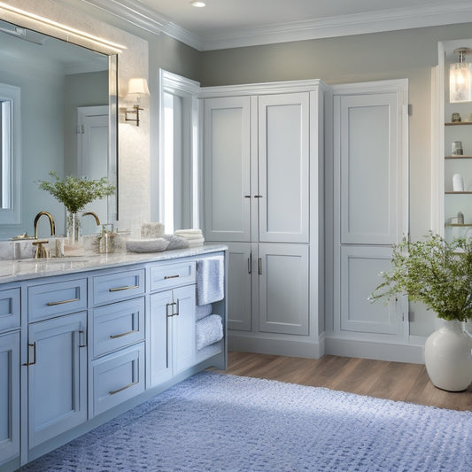 A serene, well-lit bathroom with polished marble countertops, a wall-mounted cabinet with frosted glass doors, and a floor-to-ceiling storage unit with woven baskets and chrome accents.