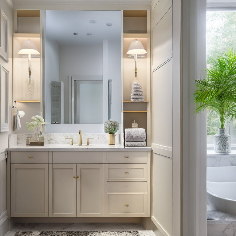 A serene bathroom scene featuring elegant hidden cabinets beneath a sleek vanity, a mirrored medicine cabinet with soft lighting, and a discreet shelving nook behind a decorative panel, all harmonizing with modern decor.
