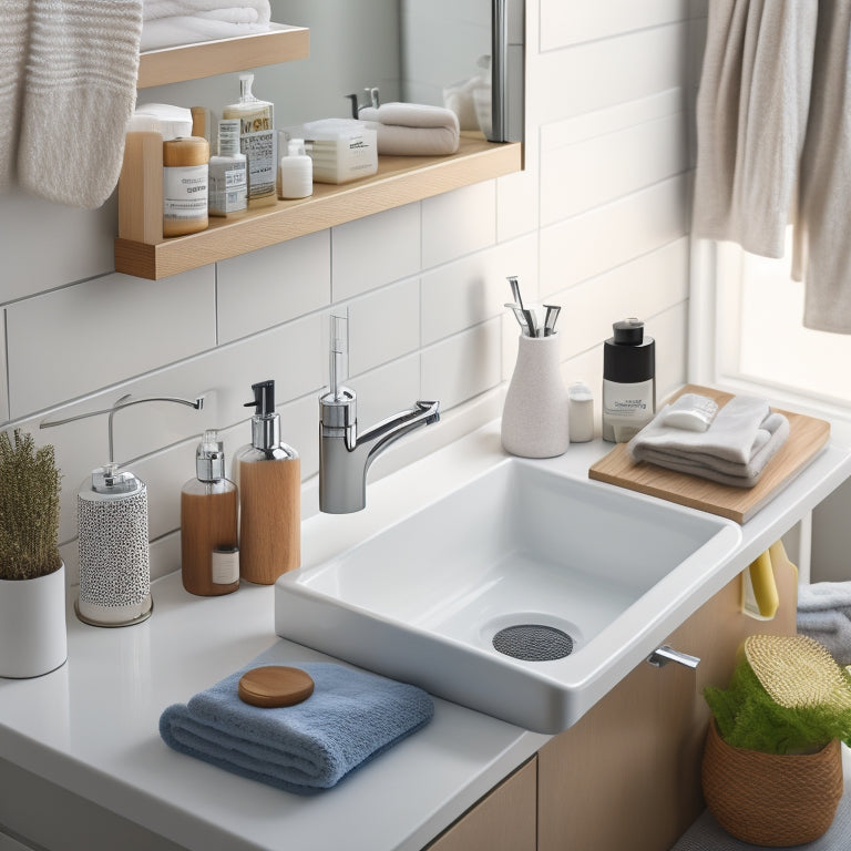 A tidy, modern bathroom sink area with a compact under-sink organizer featuring multiple tiers, a slide-out drawer, and a hanging holder for a soap dispenser and toothbrushes.