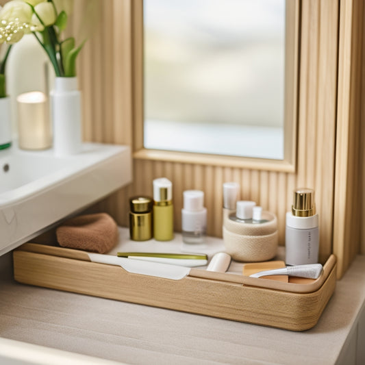 A stylish bathroom drawer filled with sleek bamboo dividers, neatly organizing colorful toiletries, makeup brushes, and skincare products. Soft natural light highlights the modern design, creating a serene and tidy atmosphere.