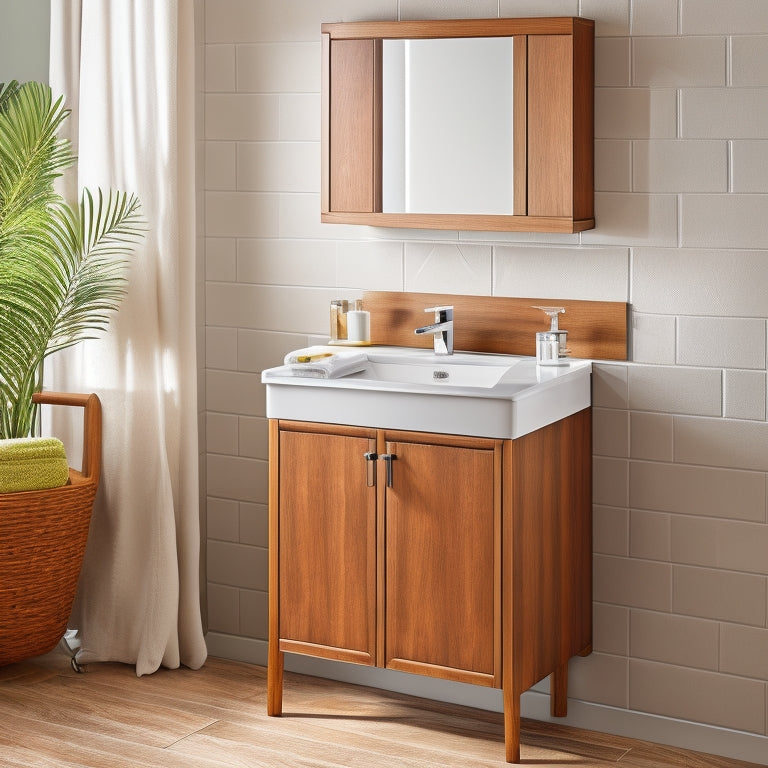 A stylish, modern small bathroom with a wall-mounted, soft-close, 24-inch wide sink vanity cabinet in a warm, honey-brown finish, paired with a crisp white sink and a chrome faucet.
