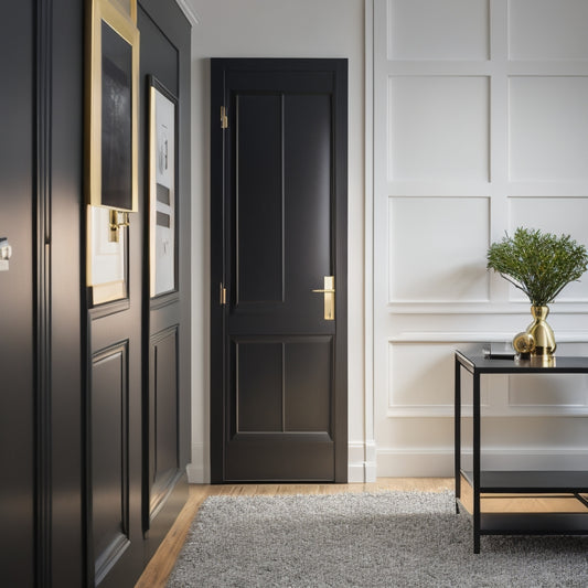 A modern, minimalist interior with a sleek, black front door featuring a polished brass doorknob and matching hinges, surrounded by crisp white walls and dark hardwood flooring.