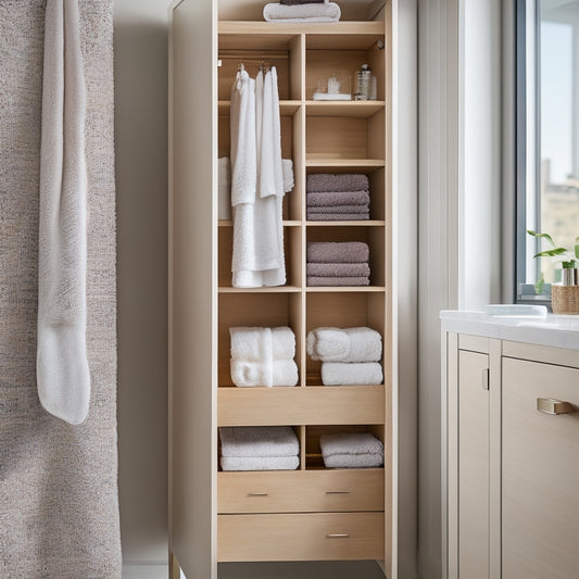 A stylish narrow bathroom storage cabinet in a serene, modern bathroom. The cabinet is made of light wood, featuring multiple open shelves with neatly arranged towels and toiletries, against a soft, neutral wall backdrop.