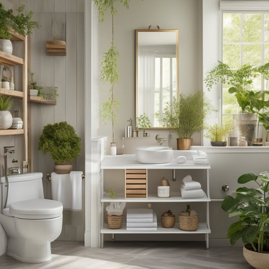 A serene bathroom scene with 7 different open shelving units, each showcasing stylish bathroom essentials, against a soft, natural light backdrop with lush greenery and a few decorative vases.