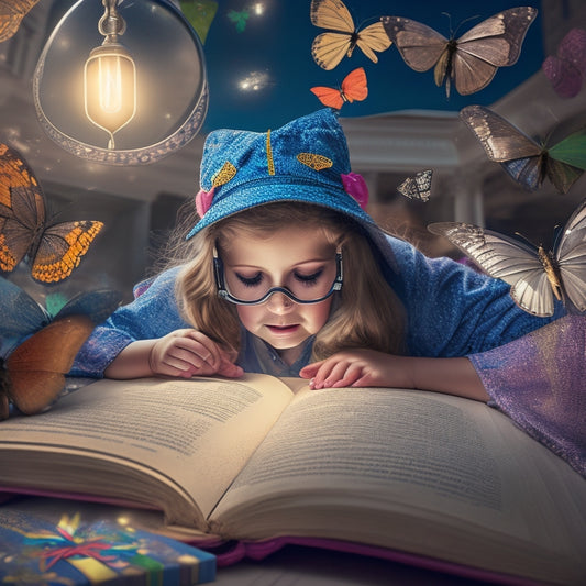 A whimsical illustration of a young reader sitting on a pile of books, surrounded by fluttering paper butterflies, with a magnifying glass and a bookmark with a tiny flashlight attached.