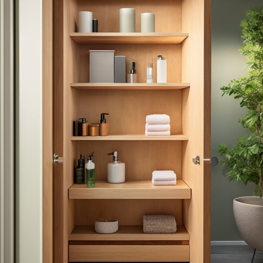 A sleek, modern corner bathroom cabinet with multiple shelves, finished in a light wood veneer. Soft ambient lighting highlights decorative items and neatly organized toiletries, with a minimalist mirror above, creating an inviting and efficient space.