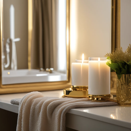 A modern bathroom with a golden tissue holder on a sleek white countertop, surrounded by rolled towels and a few decorative candles, with a subtle reflection on the mirror in the background.