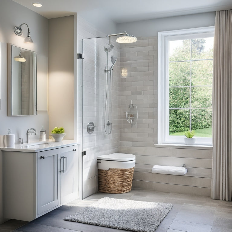 A serene bathroom with a freestanding tub, featuring a recessed storage niche with glass doors, a wall-mounted cabinet with subtle LED lighting, and a sleek, chrome-finished shower caddy.