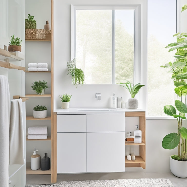 A sleek, white minimalist bathroom featuring open shelving units made of light wood, adorned with neatly arranged eco-friendly toiletries, soft towels, and decorative plants, illuminated by natural light filtering through a frosted window.