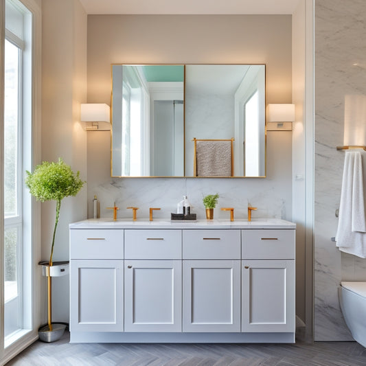 A modern bathroom with a large, rectangular mirror above a sleek, wall-mounted cabinet featuring two drawers with chrome handles, surrounded by crisp white walls and polished marble countertops.