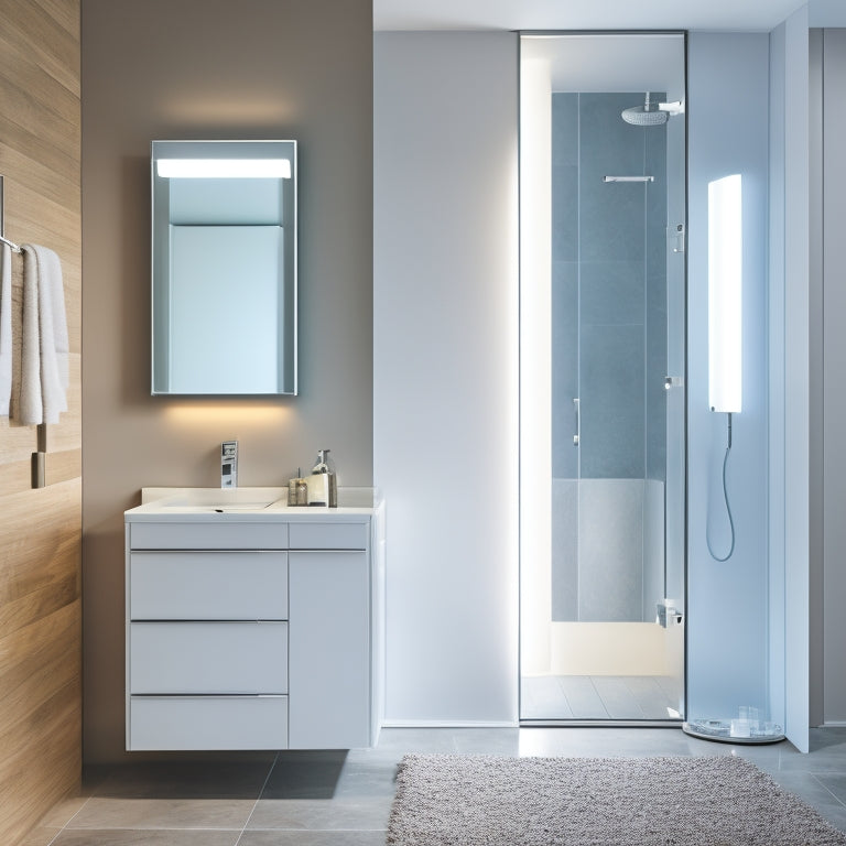 A modern bathroom with a wall-mounted cabinet featuring a mirrored door, a recessed medicine cabinet with LED lighting, and a sleek towel rack, all in a clean, minimalist aesthetic.