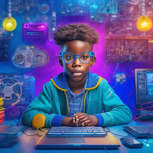 A colorful illustration of a 5th grader surrounded by tablets, laptops, and smartphones, with icons of coding, robotics, and virtual reality floating above, amidst a backdrop of circuit boards and wires.
