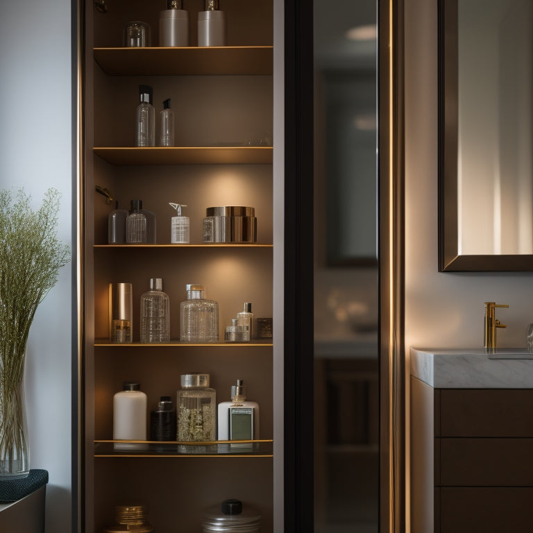 A sleek, modern mirrored cabinet reflects a softly lit bathroom, showcasing adjustable shelving filled with neatly organized toiletries and decorative items, enhancing the spaciousness and elegance of the room.