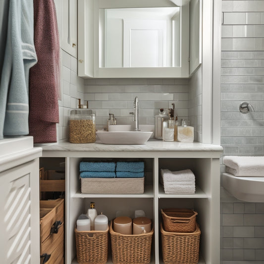 A spacious under-sink cabinet with neatly organized baskets, labeled containers, and cleaning supplies, surrounded by elegant tiles and soft lighting, showcasing an optimized bathroom layout with a serene, minimalistic aesthetic.
