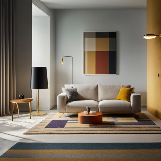 A minimalist interior space with a bold, geometric-patterned rug, a sleek, low-profile sofa, and a floor lamp with a sculptural shade, surrounded by empty, neutral-colored walls awaiting transformation.