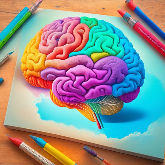 A whimsical, hand-drawn illustration of a human brain with vibrant, swirling clouds and colorful, curved lines bursting out, revealing a maze of interconnected ideas and creativity sparks.