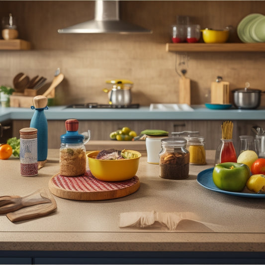 A tidy kitchen counter with a wooden cutting board, surrounded by colorful, neatly organized kitchen utensils and a few strategically placed, rolled-up kitchen cheat sheets held by small wooden dowels.