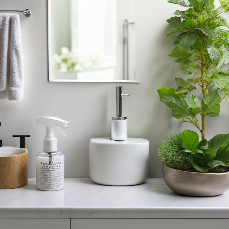 A clutter-free, minimalist small bathroom countertop with a few, strategically-placed, elegant, modern, and sleek bathroom essentials, such as a soap dispenser, toothbrush holder, and a small potted plant.