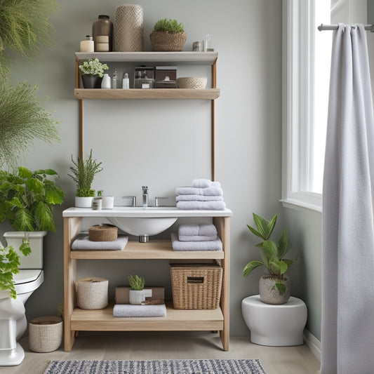 A cozy, modern bathroom featuring vertical shelving, hanging organizers, and under-sink storage. Include stylish jars, potted plants, and neatly folded towels, all showcasing efficient use of space and elegance in design.