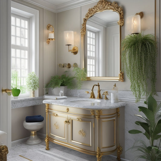 Generate an image of a luxurious bathroom featuring a marble top sink vanity with ornate gold fixtures, surrounded by cream-colored walls, and adorned with lush greenery and soft, warm lighting.