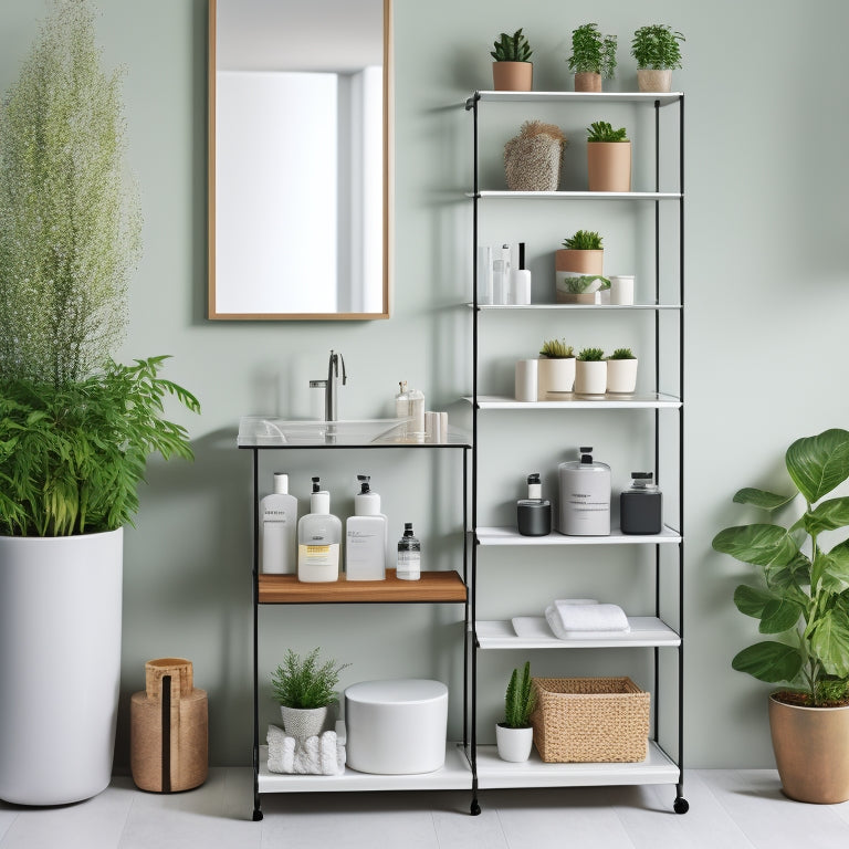 A sleek, minimalist bathroom featuring stylish organizers: wall-mounted shelves with potted plants, a compact rolling cart with neatly arranged toiletries, and a clear acrylic drawer unit displaying colorful bath essentials, all in a serene color palette.